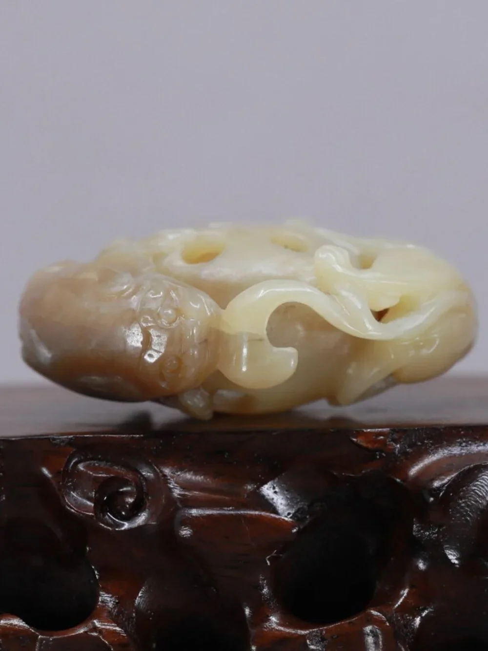 Openwork Chinese Brown Sugar Hetian Jade Pendant w Foo Dog & Ball